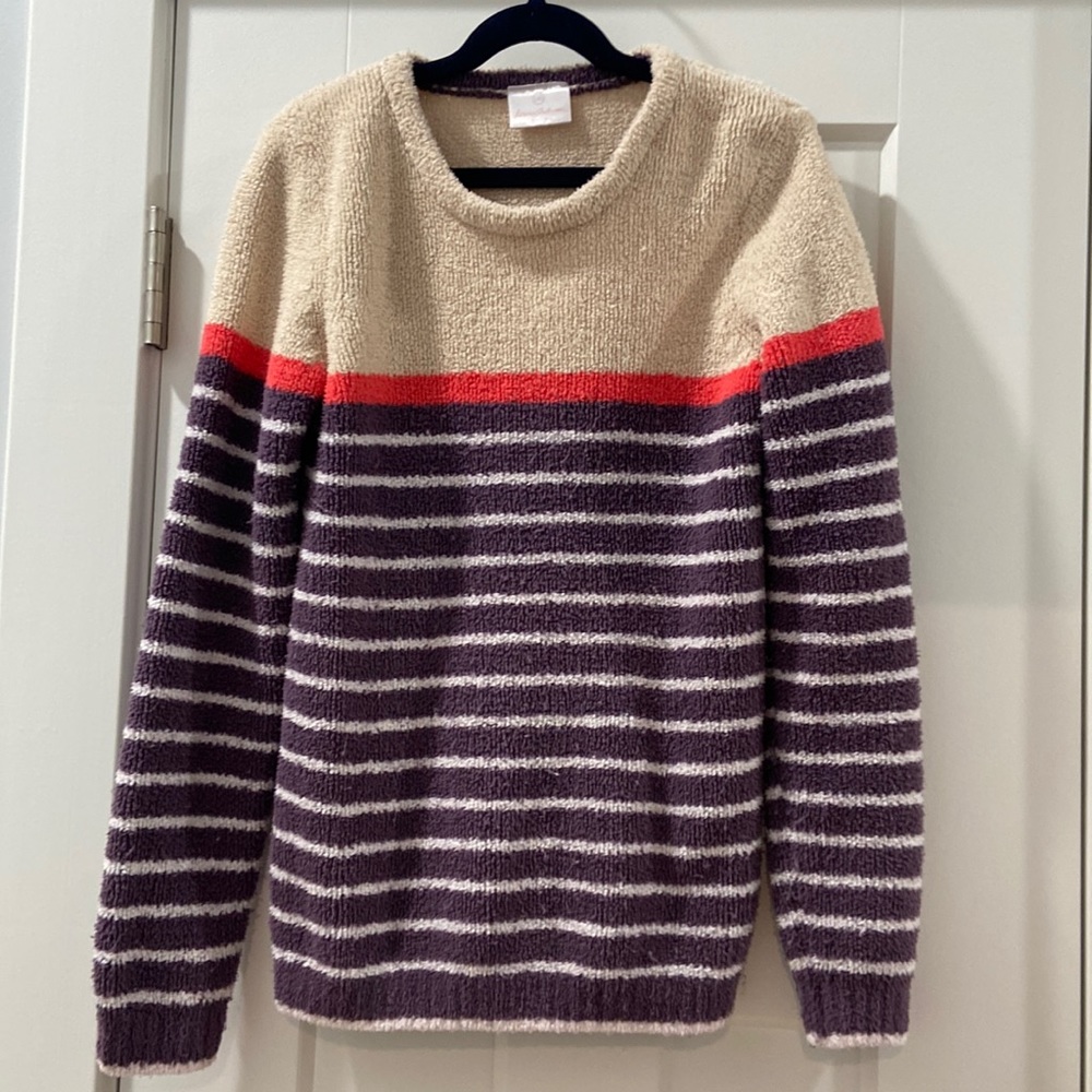 Hanna Andersson girls 140 stripped teddy crewneck sweater tan coral purple white